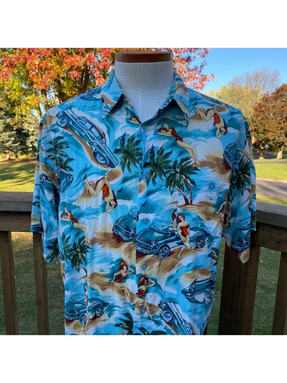 Marc Edwards Men’s Hawaiian Camp Shirt XL Cars Convertible Pin Up Girl Travel